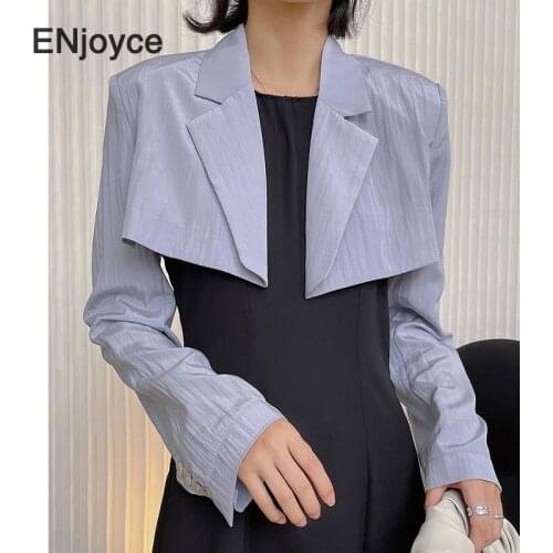 Vintage Gray Silver Glossy Blazer Cropped Tops Women Korean Style Fashion Office Ladies Long Sleeve Workwear Suit Blazers Summer