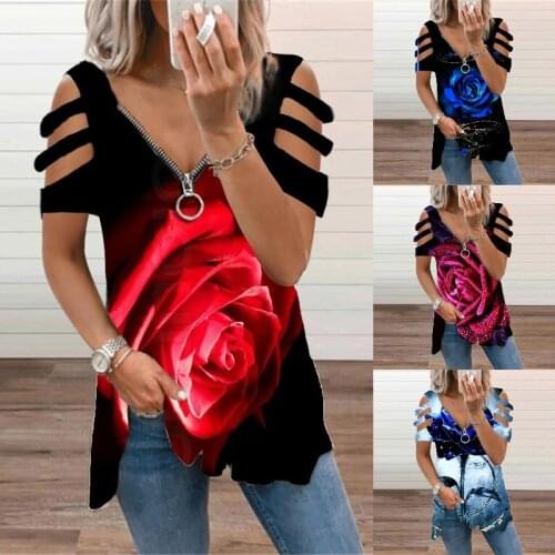 Sexy Hollow Out V-neck Women Clothes Lady Flowers Casual Top Pullover Short Sleeve Loose Tshirt Zipper Plus Size TeeShirt Femme