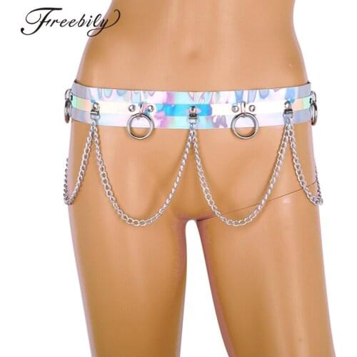 New Fashion Women Punk Shiny Laser Dazzle Colour PVC Female Body Waist Belt O Ring Holographic Sexy Harness Chain Belt