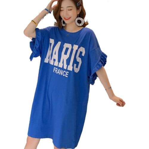 Ruffles Sleeve T Shirt Dress For Women Cotton Loose Letters Printed Casual Dressed Ladies Knee Length Plus Size Summer
