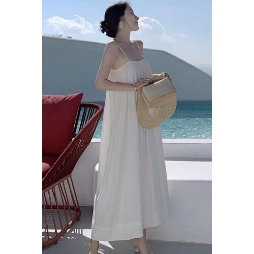 2020 Summer Dress Women Sexy Long Dress Casual Loose Solid Pleated Beach Vestido Robe Spaghetti Strap Sundress