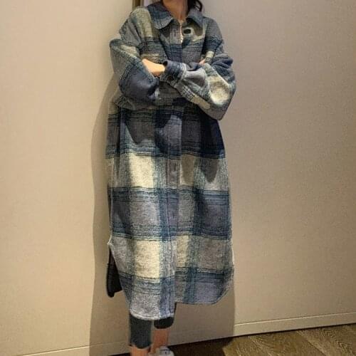 2021 New Autumn Women Loose Casual Turn-down Collar Long Sleeve Wool & Blends Women Plaid Print Single Breasted Long Coat W642