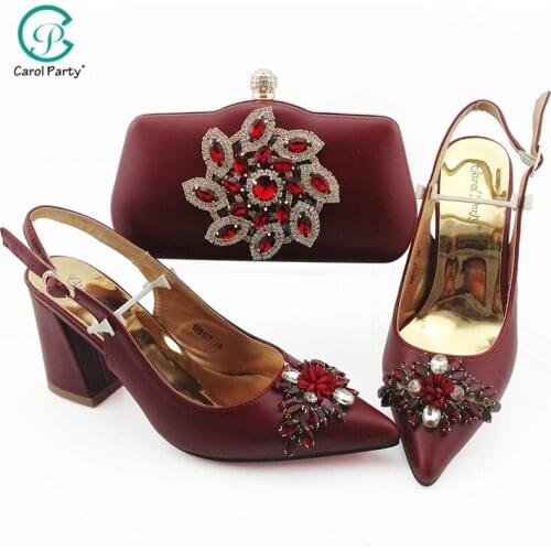 2021 Afrcian Lastest Italian Design Fashiion Party Ladies Shoes and Bag With Rhinestone and Appliques Decoration in Wine Color