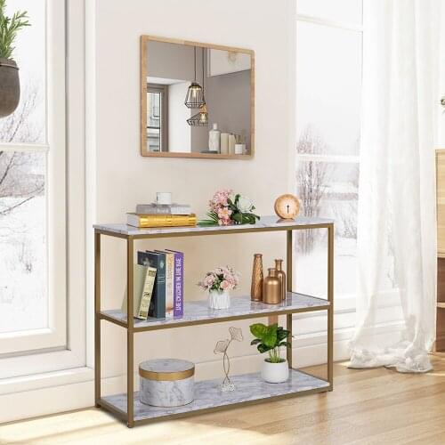 3-Tier Console Sofa Table Industrial Side Table 43x14x32" White Marble Top Golden Frame for Living Room Entry Way Hallway