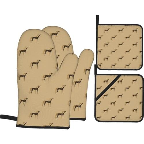 4Pcs Oven Mitts And Pot Holder Set Baking Insulation Microwave Heat Resistant Non-slip Gloves Greyhound Dog Pattern Dropshipping