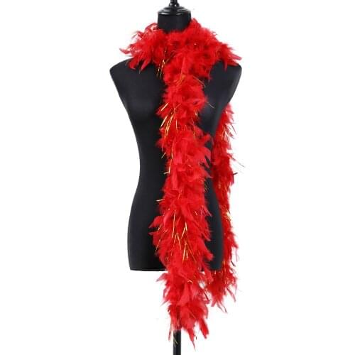 60G Red Turkey Feather Boa With Gold Silk Clothing Sewing Accessory Fluffy Plume Decoration Carnival Wedding Feathers For Crafts
