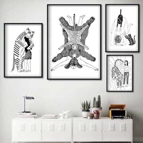 Abstract Girl Tiger Cat Bear Nordic Poster Black and White Canvas Painting and Prints Animal Wall Art Pictures Living Room Decor