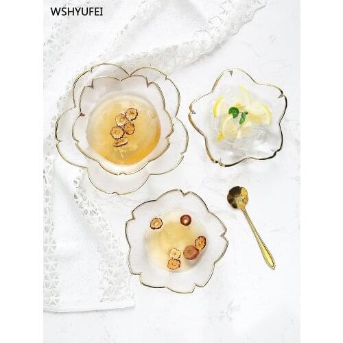 Dessert bowl cherry blossom love heart gold glass transparent crystal creative fruit salad ice cream breakfast milk home bowl