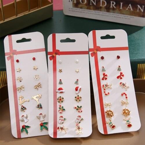 EN Christmas Earrings Set 8 Pairs Combination Christmas Tree Snowflake Santa Claus Earring Set Gifts 2021 New Year Stud Jewelry
