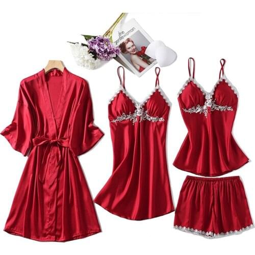 FZSLCYIYI 4/3/2Pcs Sexy Embroidery Applique Pajamas Sleepwear Satin Silk Homewear Sleep Lounge With Chest Pads Nightwear