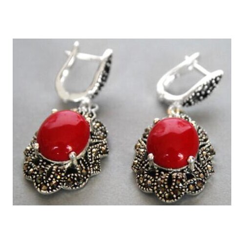 Hot sell new - amazing 11/2" Vintage 925 Silver & Marcasite Red Coral Earrings