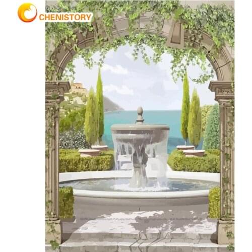 CHENISTORY Garden Fountains Diy Painting By Number For Adults With Frame 40x50cm Room Wall Art Picture By Number Home Decoration