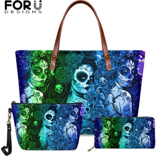FORUDESIGNS Fashion Womens Party Bag Gradient Sugar Skull Printed Shoulder Bags and Purse Set Girl Large Gothic Bags sac a main