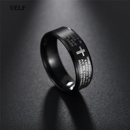 Uelf Black Titanium Steel English Letter Lords Prayer Ring Serenity Mens Bible Cross Rings For Women Jesus Jewelry