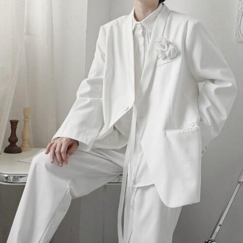 Mens Blazer Side Split Flower Wedding Suit Man Streetwear Office Fashion Loose Casual Vintage Suit Cardigan Jacket Blazers