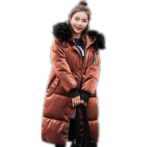 2018 New High Quality Women Winter Pleuche Long Parkas Female Wide-Waisted Loose Down Cotton Jacket Hooded Fur Collar Warm Q457