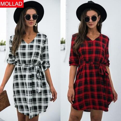2021 Autumn and Winter Hot Sale Plaid Shirt Lace-up V-neck Long-Sleeve Dress