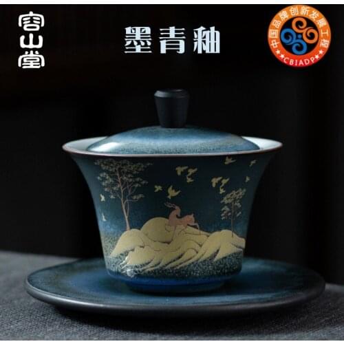 Landscape green glaze ceramic ink RongShan hall tureen tea cup size three bowl kung fu tea set a teapot