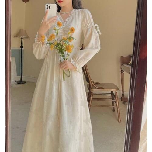 New French Retro Gentle Super Fairy Sweet Spring Autumn Women Dress High-end French Lace Dresses Apricot Color