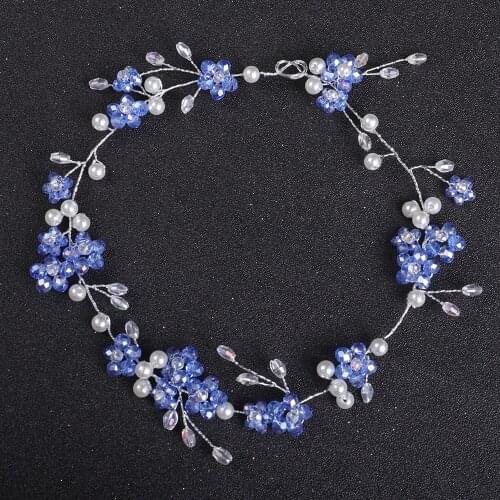 Romantic Cute Crystal Blue Hair Vine Women Handmade Headband Flower Hair Jewelry Chic Girls Wedding Accessories For Brides