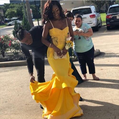 Sexy Black Girls Mermaid Yellow Prom Dresses 2019 Long Elegant Plus Size African Formal Gowns Backless Graduation Party Dress
