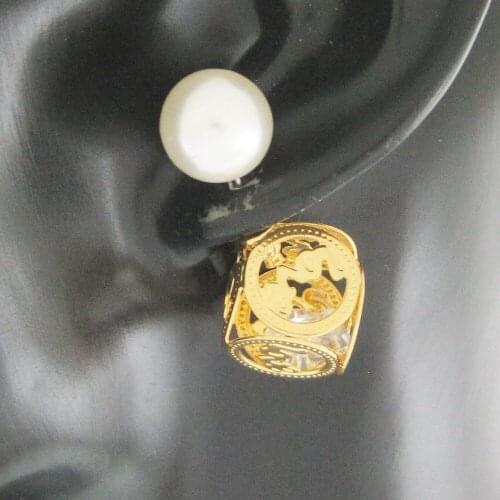 MIN ORDER 10$ / CAN MIX DESIGN / NEW - YELLOW GOLD GP STUD PEARL DIA 0.39" WITH BIG SQUARE LOVE STOPPER WIDTH 0.47" EARRING