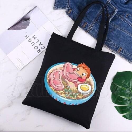 Ponyo Unisex Handbags Custom Canvas Tote Bag Print Daily Use Reusable Travel Casual Shopping Bag Black