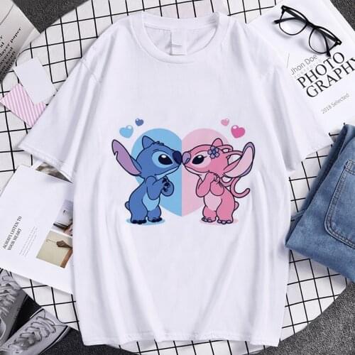 Ukiyo E Ohana Lilo Stitch Love Kawaii Couple Clothes Cartoon Mens T Shirts Fashion Women T-shirt Summer Plus Size Women Clothing