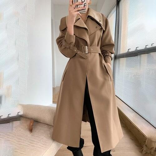 Coffee Color Womens Windbreaker Long 2021 Spring Autumn New Korean Loose Square Collar High-end Lining Tooling Belted Coat YE4
