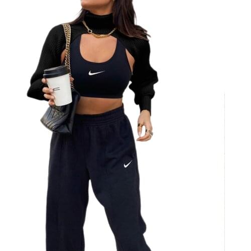 Female Sweater Solid Color High Collar Long Puff Sleeve Knitwear Pullover for Women Black Apricot