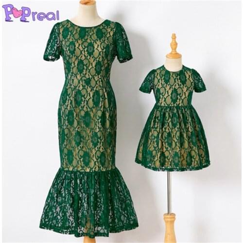 PopReal Summer Lace Elegant Mom And Daughter Dress Family Matching Clothes Girl Green Mini Dress Mother And Daughter Outfits