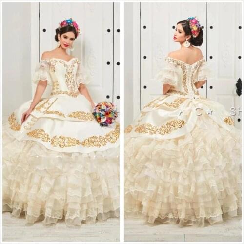 New Charro Quinceanera Dresses 2020 Off Shoulder Puffy Skirt Ruffled Gold Embroidery Beads Princess Sweety 16 Dress