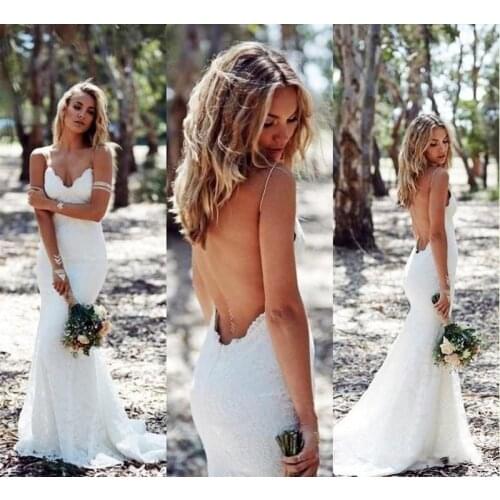 2021 Backless Wedding Dresses Mermaid Spaghetti Strap Sexy Lace Wedding gown Cheap Sweep Low Back boho White Bridal Dress