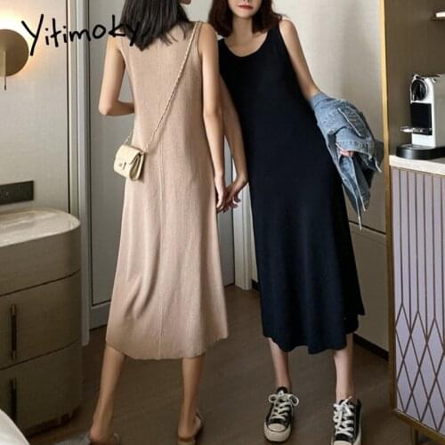 Yitimoky Ribbed Knitted Women Dresses Summer 2021 New Fashion Sleeveless Casual Slim Black Party Tank Top Midi Dress Black Khaki