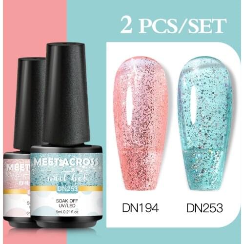 MEET ACROSS 2PCS/SET Gel Nail Polish Set Color Glitter Gel Polish Kit All For Manicure Set Need Nail Art Base Gel Top C