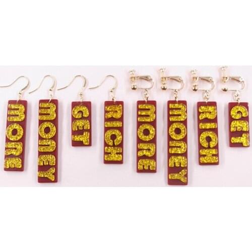 2020 Korean New Arrivals Gold RICH Letter Long Pendant Earrings Red Square Without Ear Holes Ear clip Festival Party Jewelry