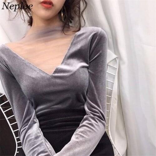 Neploe 2020 Sexy Women Blouse Mesh Tops Plus Size Girl Solid Hollow Tops Feminina V-Neck Office Lady Blusas Female Shirts 37810