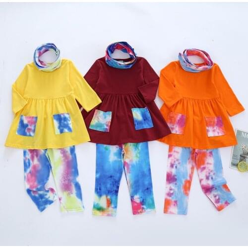Girl’s Long-sleeved Trousers Clothes Suit Fresh Tie-dye Print Round Neck T-shirt Elastic Long Pants and Bib 2-7Y Autumn Winter