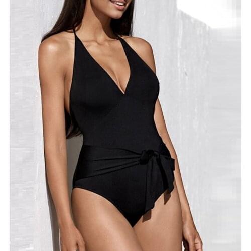 One Piece Swimsuit Black Bandage Swimwear Women Sexy Bathing Suit Halter Monokini Backless Swim Suit Bowknot Swimsuit 2020