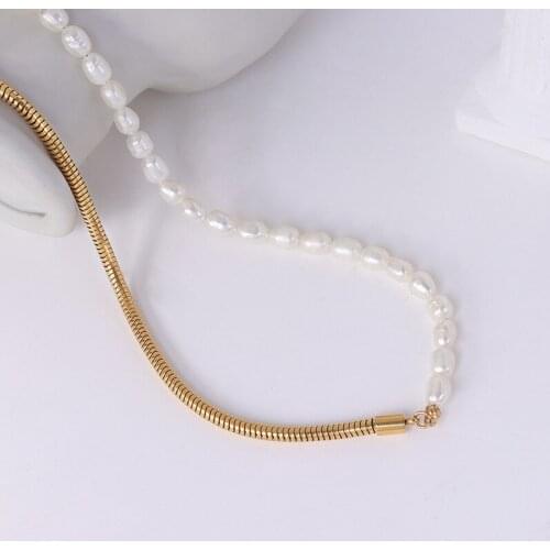 Bohemia 2021 HOT Freshwater Pearl Necklace Plated 18K Gold Titanium Steel Snake Chain Choker Necklace For Women Girls Gift