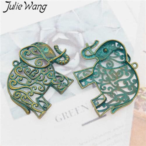 Julie Wang 2PCS Hollow Vintage Elephant Charms Antique Green Alloy Necklace Pendant Bracelet Jewelry Making Keychain Accessory