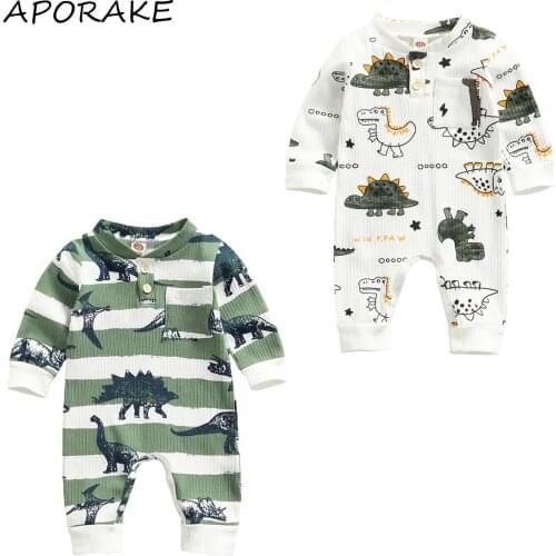 2021 0-18M Infant Baby Boy Girl Jumpsuit Cartoon Dinosaur Striped Print Long Sleeve O Neck Romper Playsuit Spring Fall Outfit