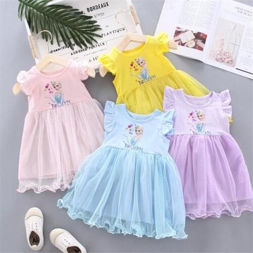 Disney Baby Girls Summer Dress Frozen Elsa Anna Home Party Casual Clothes Bell Princess Mesh Dresses Kawaii Childrens Clothing