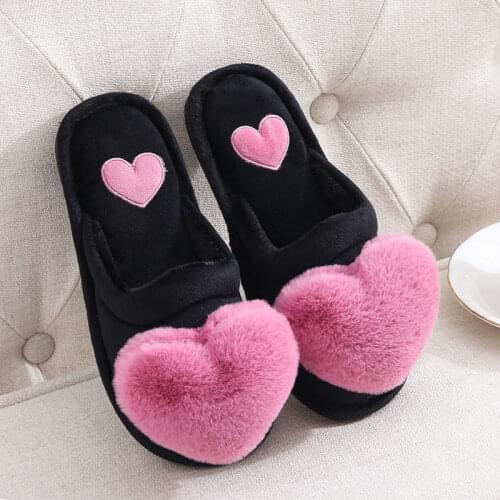 Fashion Slippers Ladies Plush Flat with Non-slip Woman Slipper 2021 Comfortable Cute Indoor Warm Winter Love Heart Cotton Flock