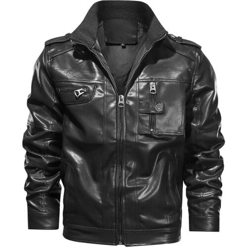 QSuper Autumn&Winter PU Men Leather Jacket Motor&Biker Windbreaker Mens Coats Bright Solid Zipper Pocket Male Clothing US Size