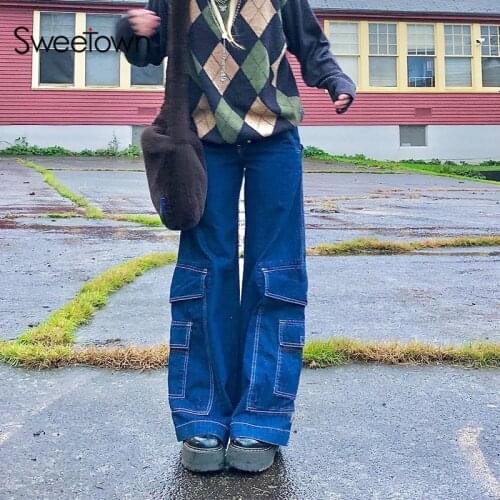 Sweetown Y2K Baggy Wide Leg Jeans Women Big Pockets Patchwork Streetwear Cargo Pants High Waist Vintage E Girl Denim Trousers