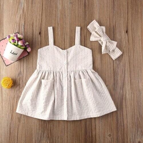 Summer Newborn Baby Kids Girls Vertical Stripes Pockets Sling Strap Dress Single Breasted Pocket Dresses With Headband