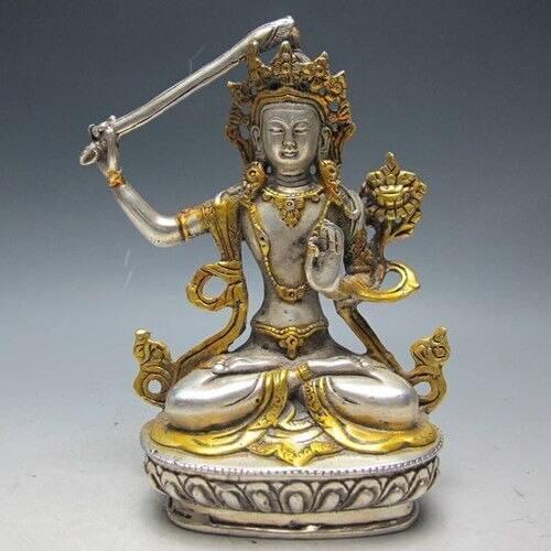Chinese Silver Bronze Gilt Tibetan Buddhism Statue Manjushri Buddha