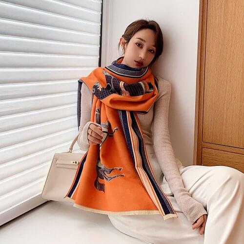 2021 Winter Women Cashmere Scarf Luxury Design Warm Pashmina Blanket Horse Scarves Female Shawl Wraps Thick Foulard Bufanda