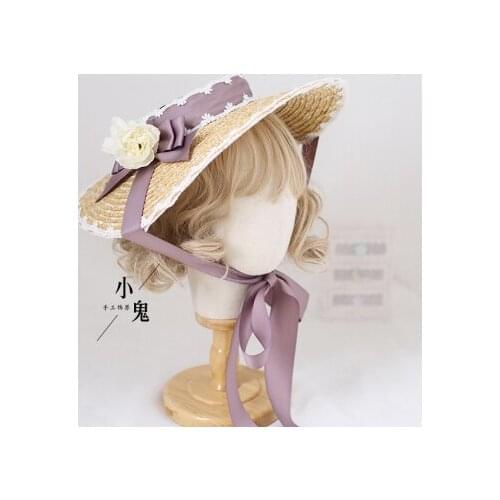 Summer Cosplay Pastoral style Mori Girl Tea Party Sunhat Beach Cap French Sweet Lolita Lace Bandge Bow Straw Hat Flat Hat Women